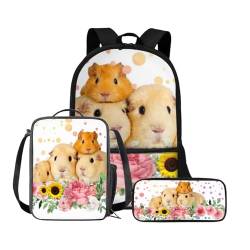 Chririnla Grundschule Kinder Rucksack Jungen Mädchen Schultasche + Isolierte Lunchtasche + Stifttasche Büchertasche Set von 3, Meerschweinchen-Blumen, Tagesrucksäcke von Chririnla