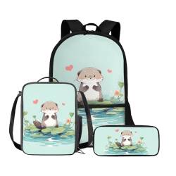 Chririnla Grundschule Kinder Rucksack Jungen Mädchen Schultasche + Isolierte Lunchtasche + Stifttasche Büchertasche Set von 3, Niedlicher Cartoon-Otter, Tagesrucksäcke von Chririnla