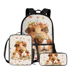 Chririnla Grundschule Kinder Rucksack Jungen Mädchen Schultasche + Isolierte Lunchtasche + Stifttasche Büchertasche Set von 3, Niedliches Meerschweinchen-Blumenmuster, Tagesrucksäcke von Chririnla