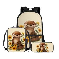 Chririnla Grundschule Kinder Rucksack Jungen Mädchen Schultasche + Isolierte Lunchtasche + Stifttasche Büchertasche Set von 3, Otter Sonnenblumen, Tagesrucksäcke von Chririnla