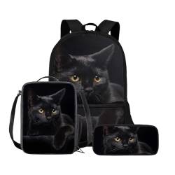 Chririnla Grundschule Kinder Rucksack Jungen Mädchen Schultasche + Isolierte Lunchtasche + Stifttasche Büchertasche Set von 3, schwarze katze, Tagesrucksack von Chririnla