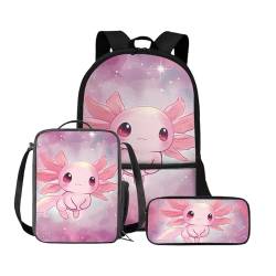 Chririnla Kinder-Rucksack, Jungen, Mädchen, Cartoon-Schultasche, Vorschule, Büchertasche, Lunchbag, Federmäppchen, Reisetaschen, Wanderrucksack, 3-teilig, Axolotl, Tagesrucksäcke von Chririnla