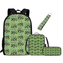 Chririnla Schultasche für Jungen und Mädchen, Lunchbox, Federmäppchen, Schlüsselanhänger, 4 Stück Kinder-Rucksack, Bauernhoftraktor, Tagesrucksäcke von Chririnla