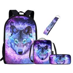 Chririnla Schultasche für Jungen und Mädchen, Lunchbox, Federmäppchen, Schlüsselanhänger, 4 Stück Kinder-Rucksack, Blauer Galaxiewolf., Tagesrucksäcke von Chririnla