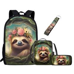 Chririnla Schultasche für Jungen und Mädchen, Lunchbox, Federmäppchen, Schlüsselanhänger, 4 Stück Kinder-Rucksack, Lustiger Faultier, Tagesrucksäcke von Chririnla