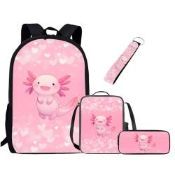 Chririnla Schultasche für Jungen und Mädchen, Lunchbox, Federmäppchen, Schlüsselanhänger, 4 Stück Kinder-Rucksack, Rosa Axolotls, Tagesrucksäcke von Chririnla