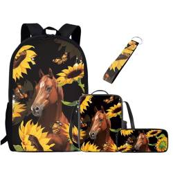 Chririnla Schultasche für Jungen und Mädchen, Lunchbox, Federmäppchen, Schlüsselanhänger, 4 Stück Kinder-Rucksack, Sonnenblume, Tagesrucksäcke von Chririnla