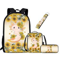 Chririnla Schultasche für Jungen und Mädchen, Lunchbox, Federmäppchen, Schlüsselanhänger, 4 Stück Kinder-Rucksack, Sonnenblume Axolotls, Tagesrucksäcke von Chririnla