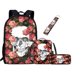 Chririnla Schultasche für Jungen und Mädchen, Lunchbox, Federmäppchen, Schlüsselanhänger, 4 Stück Kinder-Rucksack, Totenkopf Rote Rosen, Tagesrucksäcke von Chririnla