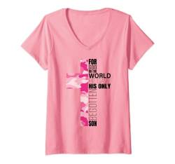 Damen Christliches Kreuz, rosa Camouflage, Geschenk für Frauen, Teenager, Mädchen, Vers T-Shirt mit V-Ausschnitt von Christian Gifts by Alexis Mae