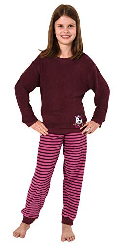 Christine Mädchen Frottee Pyjama Schlafanzug Langarm mit Bündchen & Eulen-Applikation - 29140113572, Farbe:Beere, Größe:128 von Christine