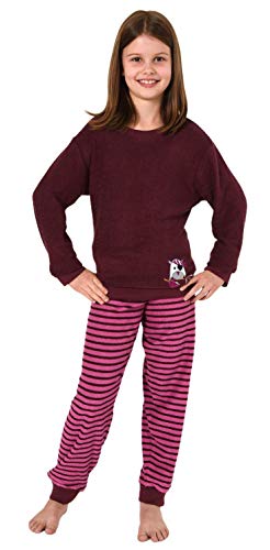 Christine Mädchen Frottee Pyjama Schlafanzug Langarm mit Bündchen & Eulen-Applikation - 29140113572, Farbe:Beere, Größe:164 von Christine