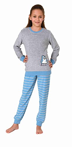 Christine Mädchen Frottee Schlafanzug Langarm Pyjama mit Bündchen und niedlicher Pinguin-Stickerei, Farbe:blau, Größe:128 von Christine