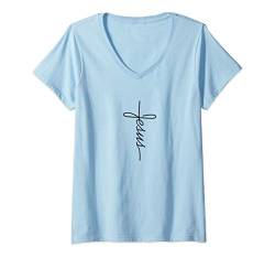 Damen Jesus Kreuz Gott Christliche Geschenk für Christen Kirche T-Shirt mit V-Ausschnitt von Christliche Geschenke & Bekleidung für Christen