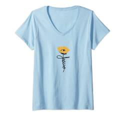 Damen Jesus Sonnenblume Kreuz Christliche Geschenk für Christen T-Shirt mit V-Ausschnitt von Christliche Geschenke & Bekleidung für Christen