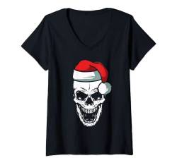 Damen Totenkopf Weihnachtsmann Mütze Weihnachten Cool Skelett X-Mas T-Shirt mit V-Ausschnitt von Christmas Cloths Men Women Boys Girls Kids Gifts