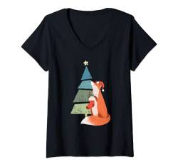 Damen Niedlicher Fuchs, Weihnachtsmann und Weihnachtsbaum, Glaube an Weihnachten T-Shirt mit V-Ausschnitt von Christmas cute outfits
