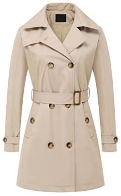 Chrisuno Damen Zweireihiger Trenchcoat Mittellang Gürtel Mantel Lang Kleid Jacke mit Abnehmbarer Kapuze, Khaki, 3XL von Chrisuno