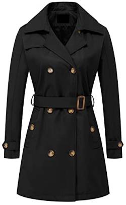 Chrisuno Zweireihiger Trenchcoat für Damen, mittellang, mit Gürtel, lange Jacke, mit abnehmbarer Kapuze, Schwarz, M von Chrisuno