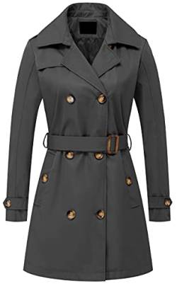 Damen Zweireiher Trenchcoats Mittellang Gürtel Overcoat Lange Kleid Jacke Mit Abnehmbarer Kapuze, grau, X-Large von Chrisuno
