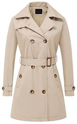 Damen Zweireiher Trenchcoats Mittellang Gürtel Overcoat Lange Kleid Jacke Mit Abnehmbarer Kapuze, khaki, Large von Chrisuno