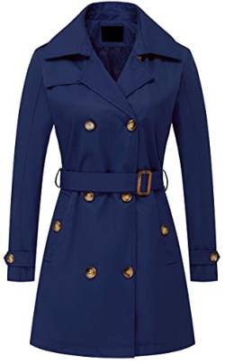 Damen Zweireiher Trenchcoats Mittellang Gürtel Overcoat Lange Kleid Jacke Mit Abnehmbarer Kapuze, marineblau, Large von Chrisuno
