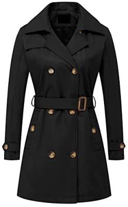 Damen Zweireiher Trenchcoats Mittellang Gürtel Overcoat Lange Kleid Jacke Mit Abnehmbarer Kapuze, schwarz, Large von Chrisuno