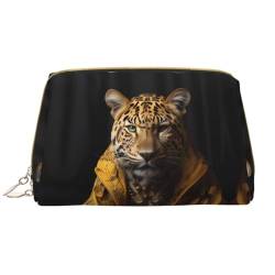 Chrysm Lone Hyena Reise-Make-up-Tasche, Kultur- und Kosmetiktasche, Reißverschluss-Tasche, Kosmetik-Organizer, niedliche Make-up-Pinsel-Aufbewahrungstasche (groß), Leopard in einer Lederjacke, von Chrysm