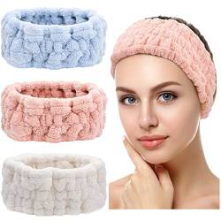 3 Stück Spa Gesicht Stirnbänder für Make Up und Waschen Gesicht Frottee Kosmetik Haarbänder Yoga Sport Elastisch Schminken Stirnband für Mädchen Damen (Blau, Rosa, Weiß) von Chuangdi