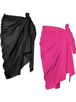 Chuangdi 2 Stück Sarong Coverups für Frauen Badeanzug Wickelrock Strand Bikini Cover Up Bademode Chiffon, Schwarz/Pink von Chuangdi