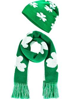 Chuangdi St. Patrick's Day Beanie Schal Set mit irischem Kleeblatt Mütze und Kleeblatt Schal für St. Patrick's Day Kostüm Zubehör von Chuangdi