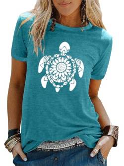 Sea Turtle T Shirts for Women Graphic Flowers Funny Beach Tshirts Hawaiian Vacation Short Sleeve Casual Tops, A-himmelblau, Groß von Chulianyouhuo