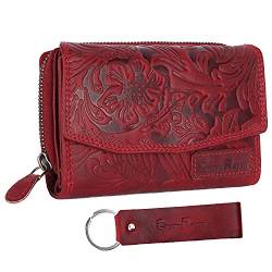 Chunkyrayan Echtleder Damen Geldbörse Hochwertig Vintage RFID Schutz inklusive Leder Schlüsselanhänger P GB-6 Red Flower von Chunkyrayan