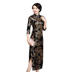 Goldener Velours Print Hochzeit Cheongsam langes chinesisches Kleid orientalischer Stil Robe Orientalischer Samt Qipao Gr. Medium, Td0066-2 von Chyoieya