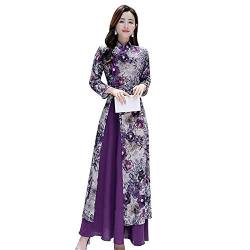 Traditionelle Vietnam-Frau, Retro, Ao Dai, elegant, chinesischer Stil, Cheongsam, Blumenmuster, Festival, Hochzeit, Abendkleid, Qipao Gr. Medium, violett von Chyoieya