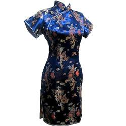 Vintage Drache und Phönix Kurz Qipao Elegant Frauen Cheongsam Mandarinenkragen Sexy Mini Chinesisches Kleid Oversize, Marineblau 1, Medium von Chyoieya