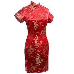 Vintage Drache und Phönix Kurz Qipao Elegant Frauen Cheongsam Mandarinenkragen Sexy Mini Chinesisches Kleid Oversize, Rot 1, Medium von Chyoieya