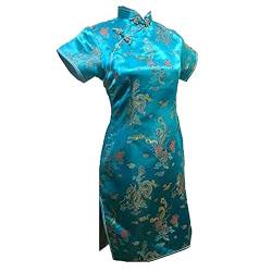 Vintage Drache und Phoenix Kurz Qipao Elegant Frauen Cheongsam Mandarinenkragen Sexy Mini Chinesisches Kleid Oversize, seeblau, XL von Chyoieya