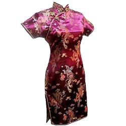 Vintage Drache und Phoenix Kurz Qipao Elegant Frauen Cheongsam Mandarinenkragen Sexy Mini Chinesisches Kleid Oversize Burgundy 1 S, Burgund 1, S von Chyoieya