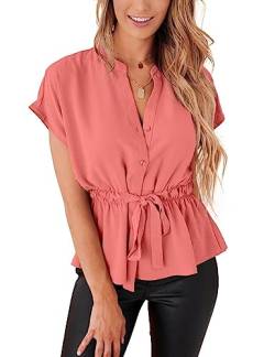 Damen-Blusen mit Knopfleiste, lässig, Schößchen, Sommer-Top, elegante Chiffon-Arbeitsbluse, Koralle, Groß von CiCiBird