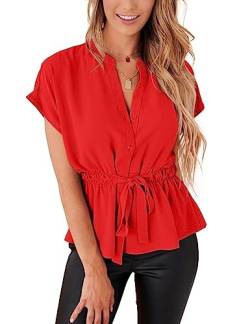 Damen-Blusen mit Knopfleiste, lässig, Schößchen, Sommer-Top, elegante Chiffon-Arbeitsbluse, Scharlachrot, Groß von CiCiBird