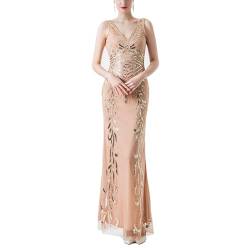 Cicano 1920er Jahre Flapper-Kleid V-Ausschnitt Pailletten Perlen Lange Fransen Art Deco Vintage Gatsby Dess, gold, X-Large von Cicano