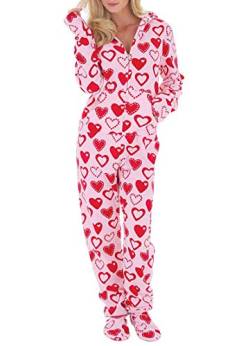 Cicilin Overall Pyjama für Damen, mit Kapuze, Fleece, Strampler, langärmelig, Onesie aus Molton, super weich, Alles in einem Trainingsanzug mit Tasche und Reißverschluss Gr. X-Large, Herzrosa von Cicilin