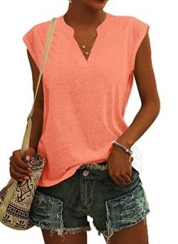 Cicy Bell Bluse Damen Elegant Ärmellose T-Shirt V Ausschnitt Cap Tops Shirt T-Shirts für Damen Sommer Hemden Oberteile Orange L von Cicy Bell