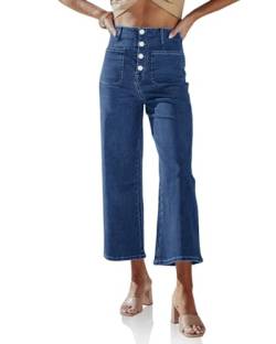 Cicy Bell Damen High Waisted Cropped Jeans Wide Leg Button Fly Mom Capri Denim Pants, Marineblau, X-Groß von Cicy Bell