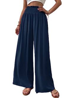 Cicy Bell Damen Hosen Gerade Locker Elastische Weite Beinhose Taille Palazzo Hose Mit Taschen Dunkelblau L von Cicy Bell