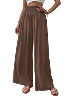 Cicy Bell Damen Hosen Gerade Locker Elastische Weite Beinhose Taille Palazzo Hose Mit Taschen Kaffee XL von Cicy Bell