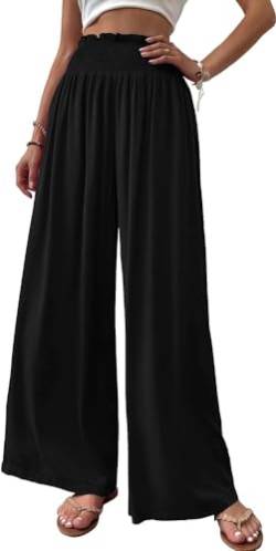 Cicy Bell Damen Hosen Gerade Locker Elastische Weite Beinhose Taille Palazzo Hose Mit Taschen Schwarz L von Cicy Bell