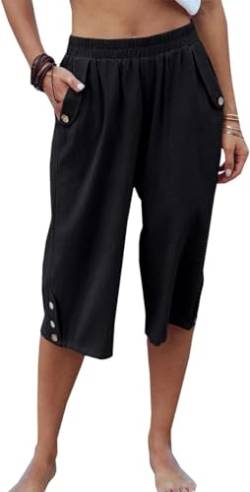 Cicy Bell Damen Hosen Sommer mit Taschen 3/4 Capri Hose Elastische Taille mit Knöpfen Lose von Cicy Bell