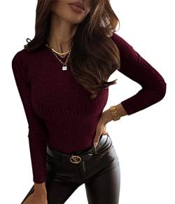 Cicy Bell Damen Langarmshirts Gerippt Stricken Basic Oberteile Rundhalsausschnitt Slim Fit Einfarbig Pullover Burgund S von Cicy Bell